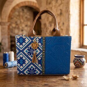 Authentic Mexican Handmade Jute Tote Bag Medium Size With Inner Pocket Blue